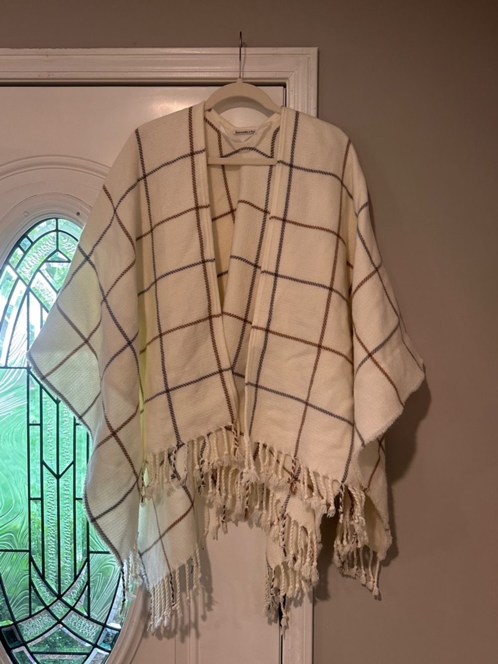 Abercrombie & Fitch Cream Windowpane Fringe Cape one size